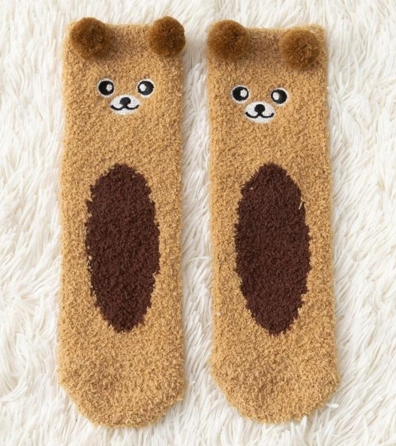 Chaussettes marron avec motif ourson en Pilou Pilou doux