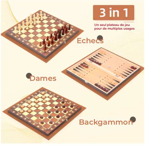 Vue d'ensemble du coffret pliant pour échecs, dames, backgammon