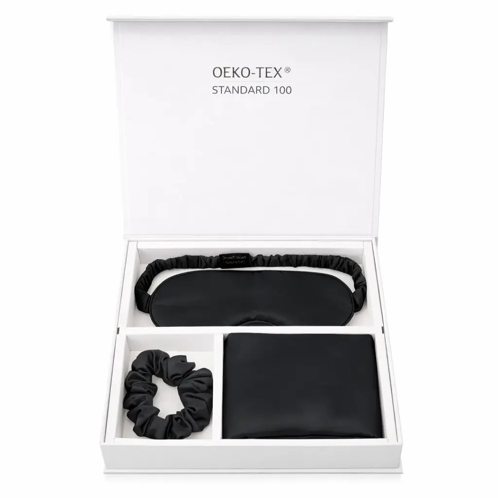 Ensemble noir élégant avec taie, masque et chouchou en soie