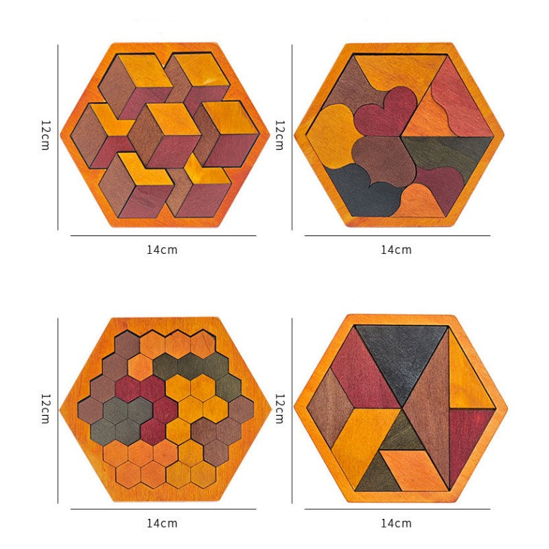 Tangram hexagonal en bois avec motifs géométriques variés