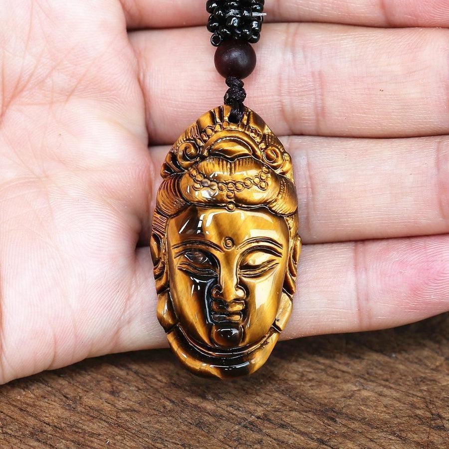 Pendentif Guanyin sculpté en Œil de tigre sur cordon noir