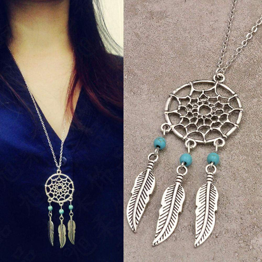 Collier attrape-rêve avec plumes et perles turquoise