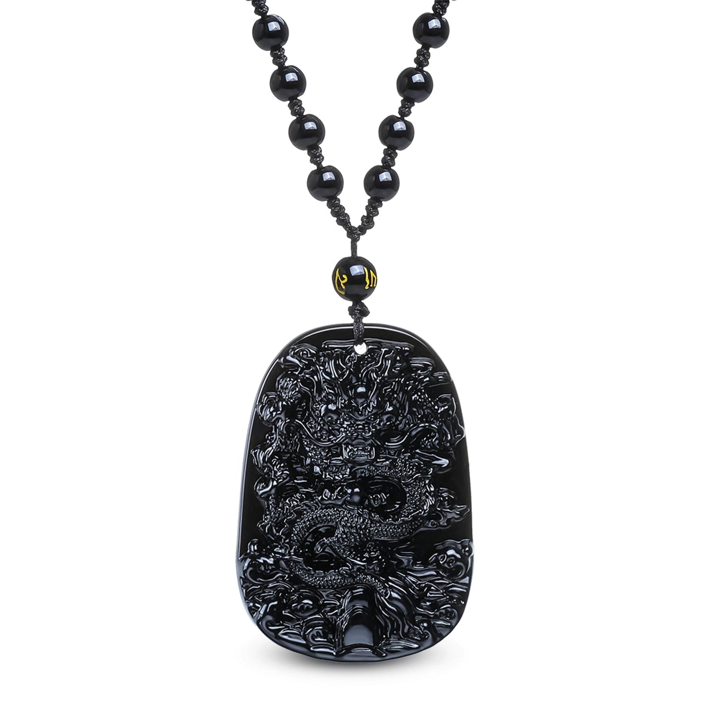 Collier en obsidienne noire avec pendentif dragon sculpté