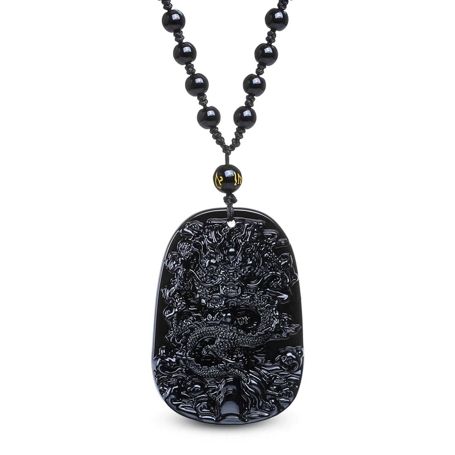 Collier en obsidienne noire avec pendentif dragon sculpté