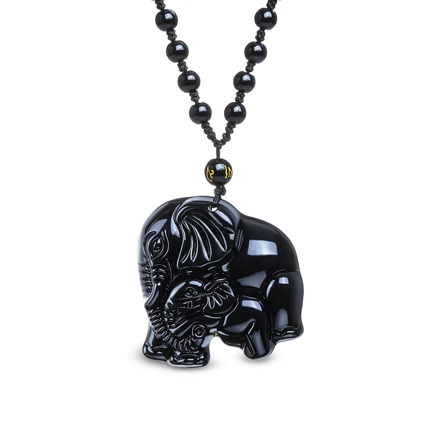 Collier ajustable en obsidienne avec éléphant sculpté
