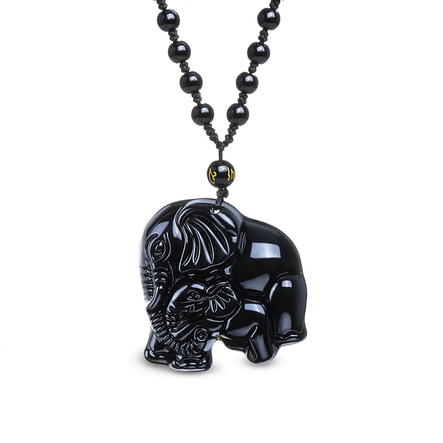 Collier ajustable en obsidienne avec éléphant sculpté