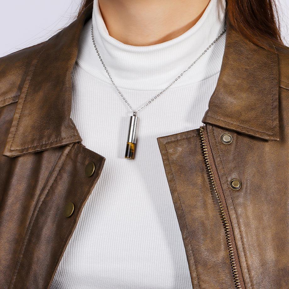 Collier en œil de tigre, flacon discret pour huiles essentielles