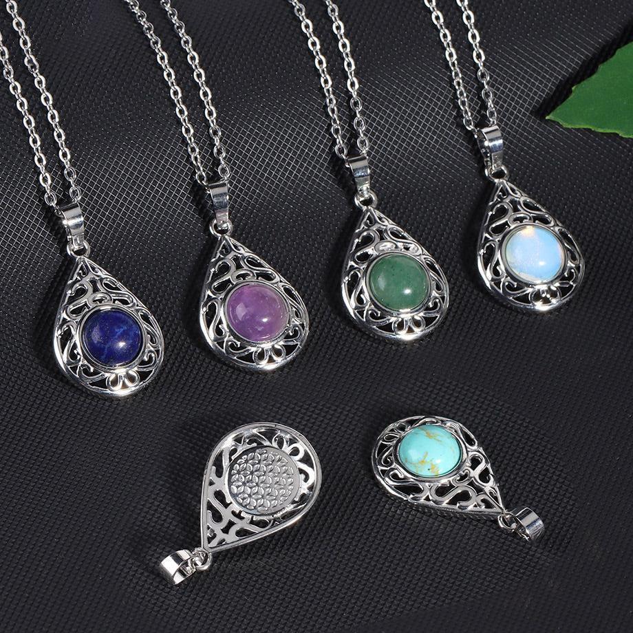 Collier goutte avec pierre naturelle en métal argenté
