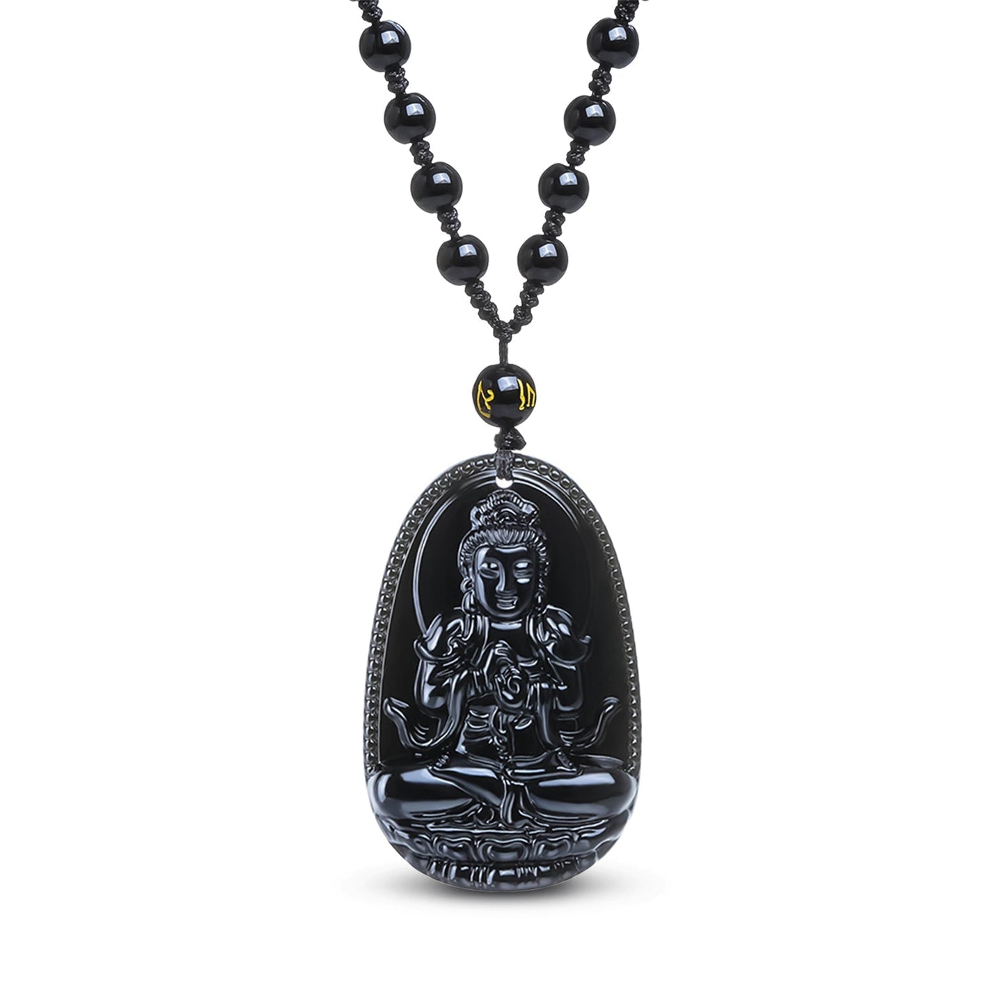 Collier de perles noires avec pendentif Bouddha obsidienne