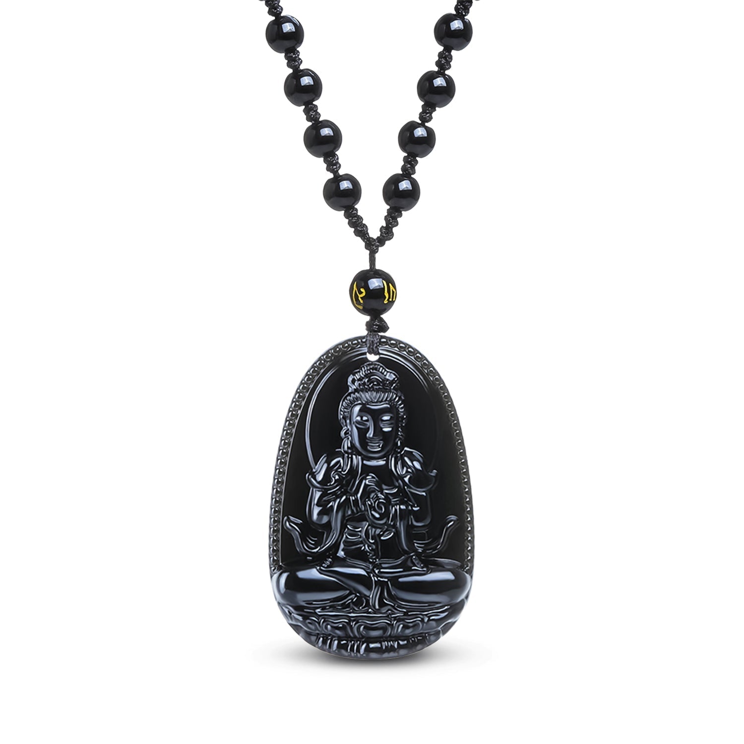 Collier de perles noires avec pendentif Bouddha obsidienne