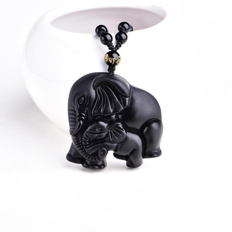 Collier ajustable en obsidienne avec éléphants sculptés