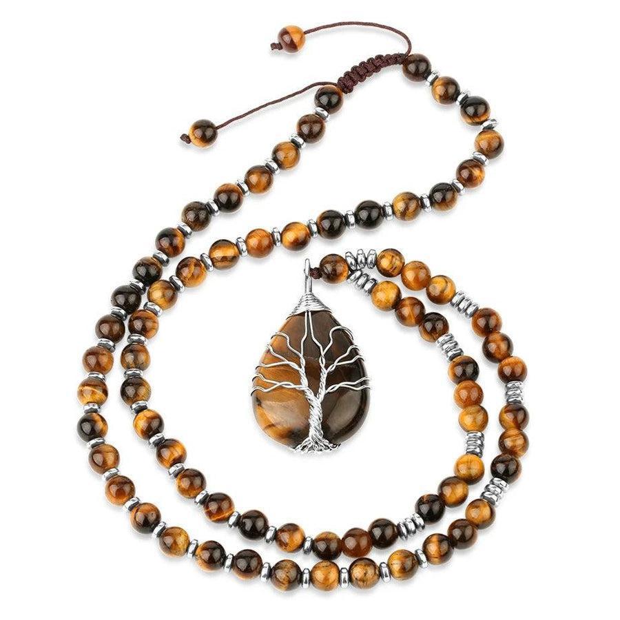 Collier avec pendentif goutte en Œil de tigre et arbre de vie