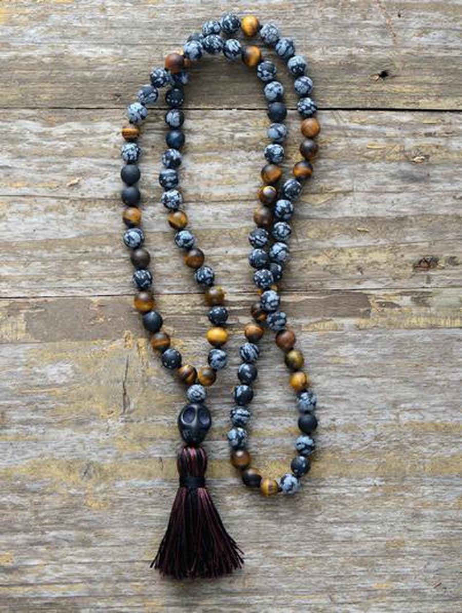 Collier en perles d'onyx, œil de tigre et jaspe