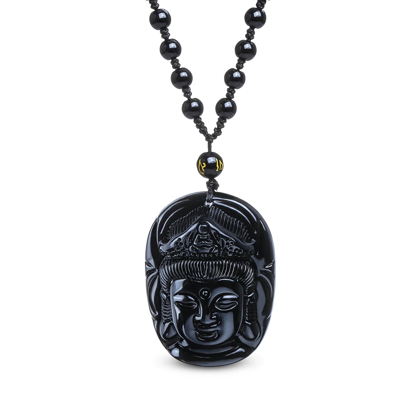 Collier en obsidienne noire avec pendentif Guanyin sculpté