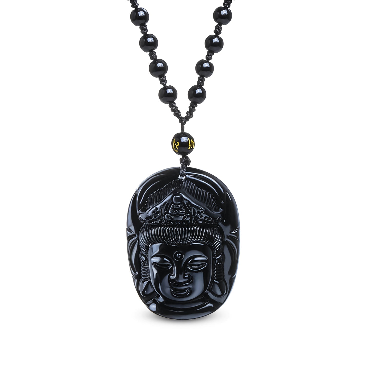 Collier en obsidienne noire avec pendentif Guanyin sculpté