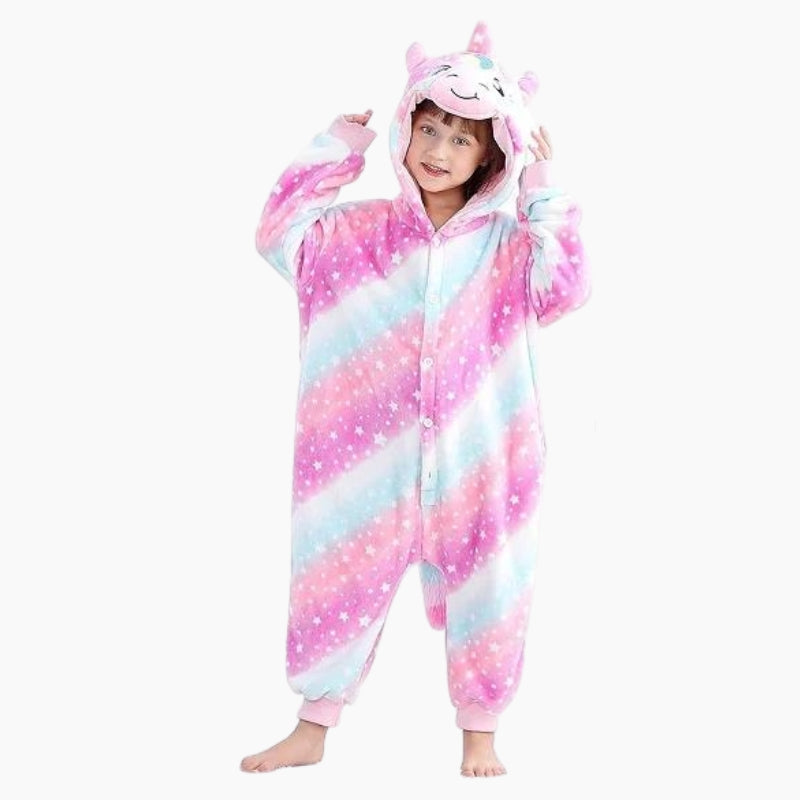 Vue de face d'une combinaison licorne fille en polaire douce