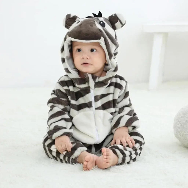 Combinaison bébé zèbre en polaire avec capuche ludique