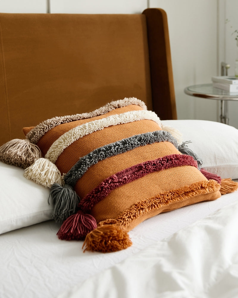 Détail d'un coussin en peluche avec pompons multicolores