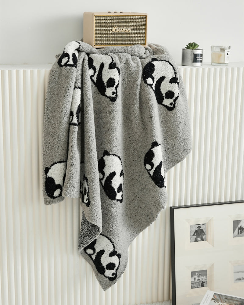 Couverture flanelle gris foncé, motifs pandas amusants