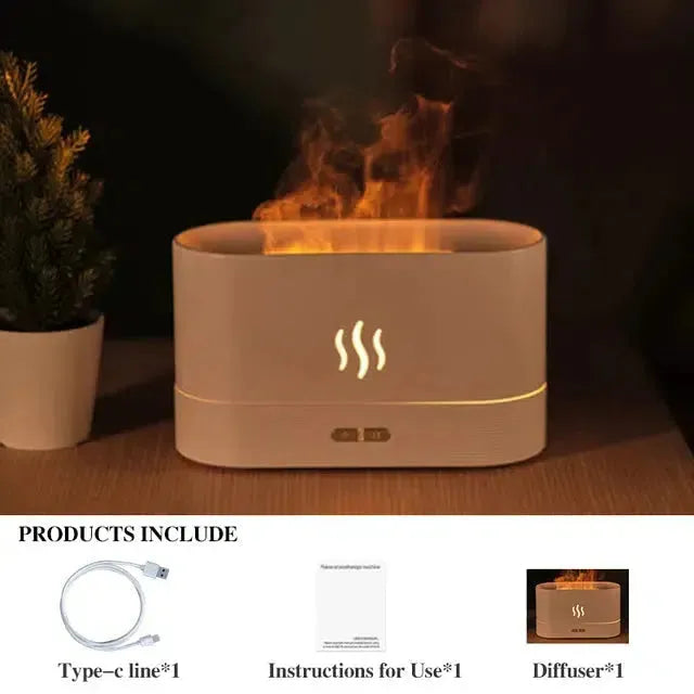 Diffuseur d'arôme blanc avec flamme LED dans un intérieur minimaliste