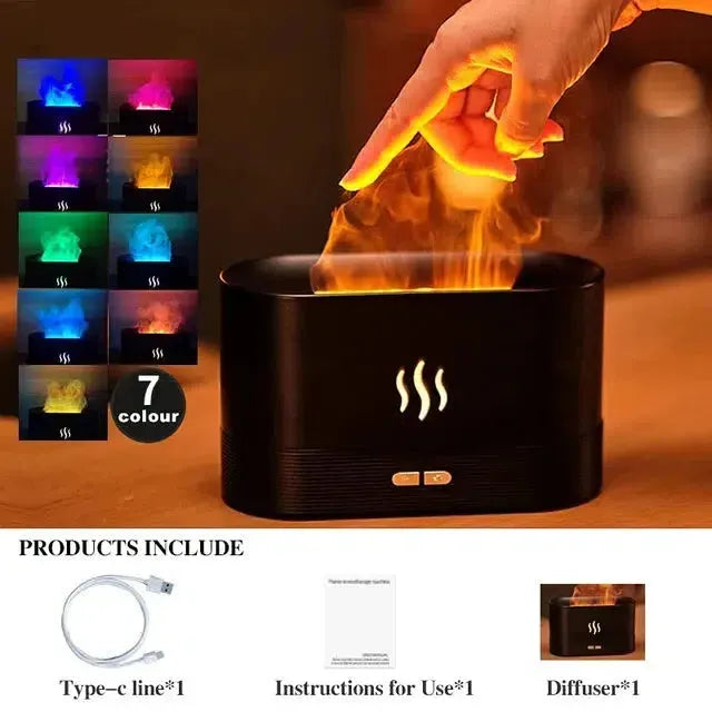 Diffuseur d'arôme noir avec flamme LED sur une table en bois