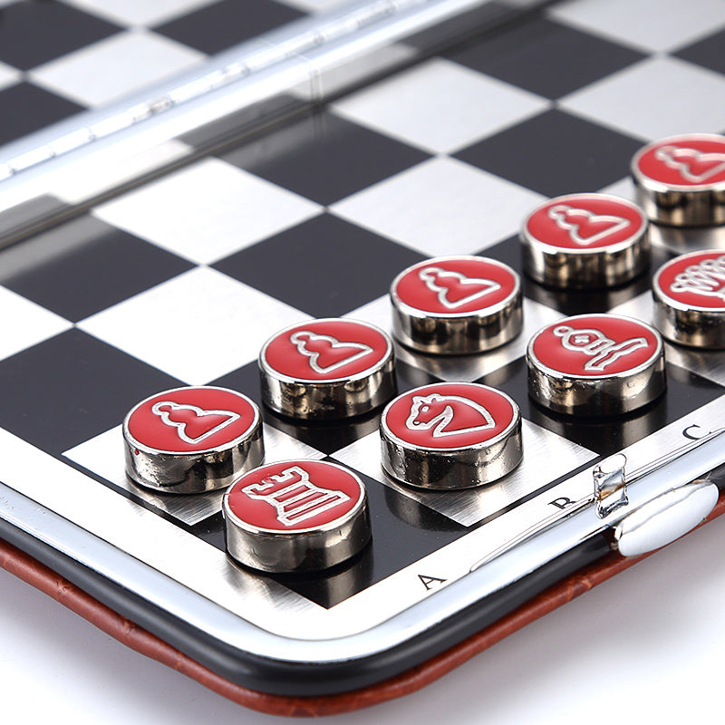 Jeu d'échecs de voyage magnétique avec pièces rondes en acier