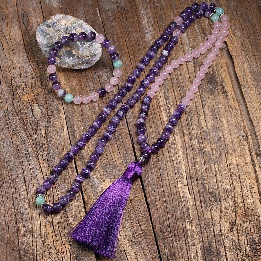 Collier Mala et bracelet en améthyste, quartz rose et amazonite
