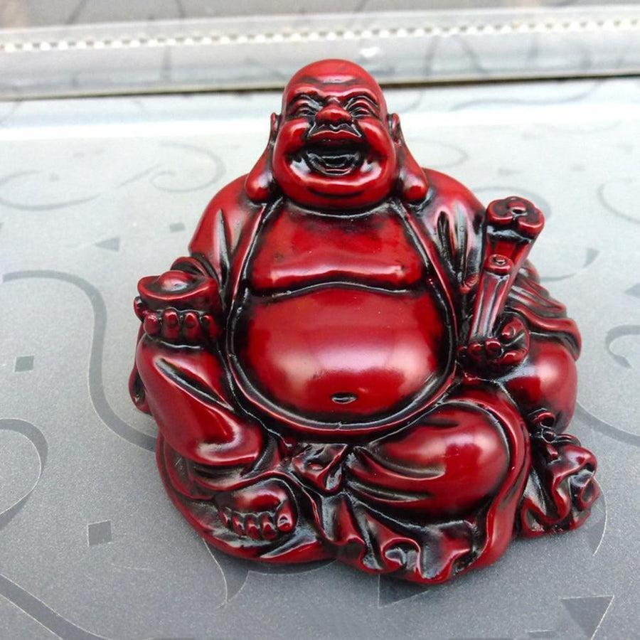 Vue latérale de la figurine Bouddha rieur, détails en résine