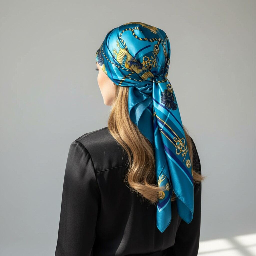 Foulard noué dans les cheveux, motifs baroques dorés