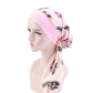 Foulard rose avec bandeau intégré et motif plumes