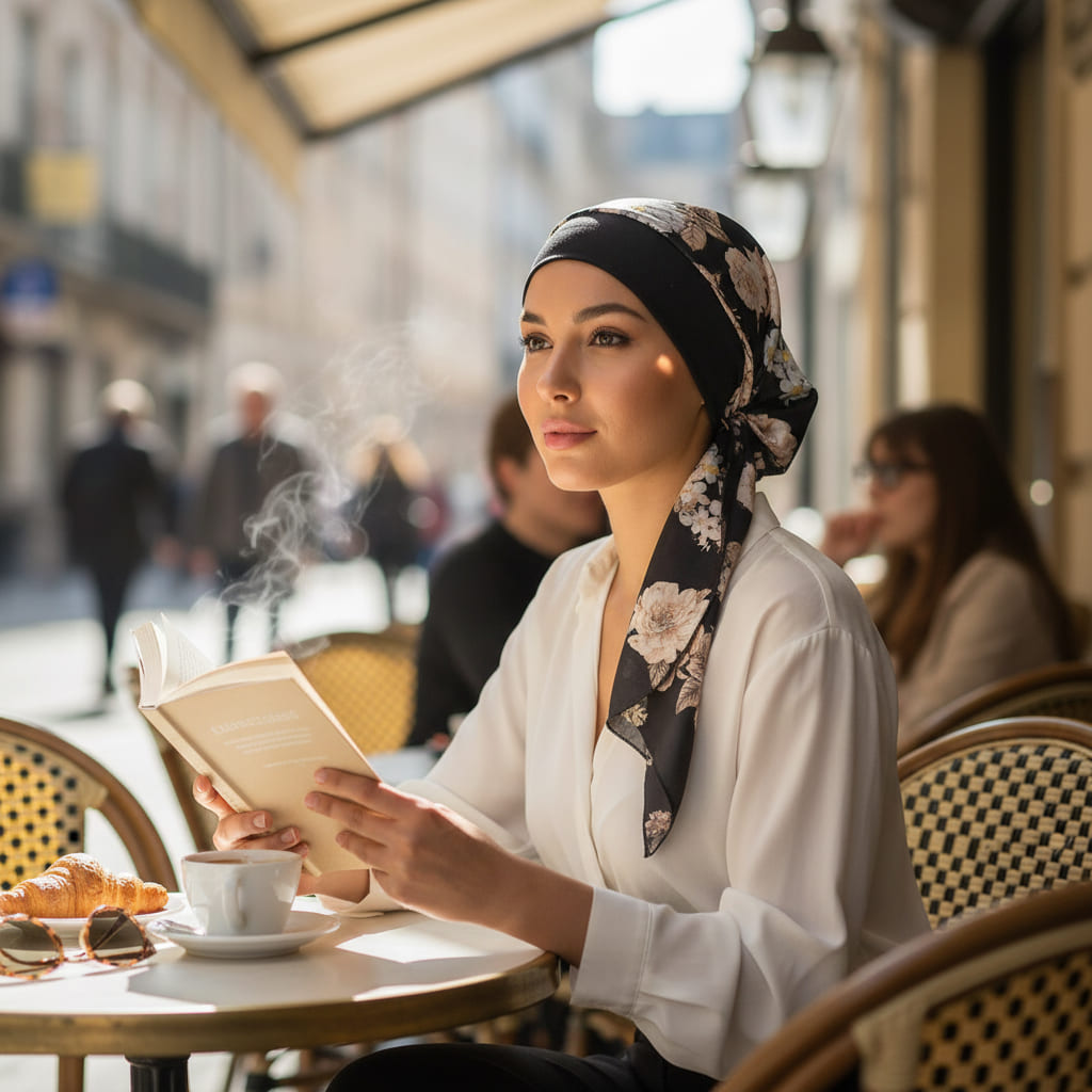 Foulard noir allongé avec bandeau, motifs fleurs roses et blanches