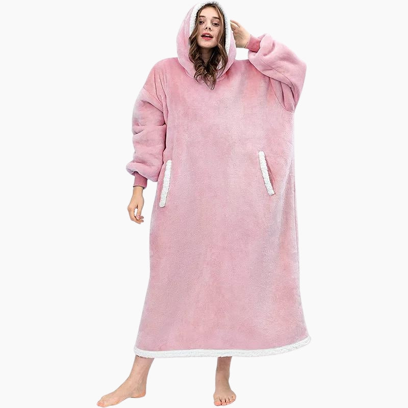 Grand pull plaid rose avec capuche et poches pratiques