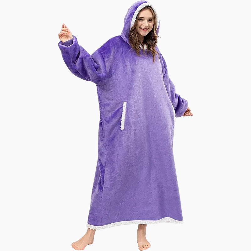 Pull plaid violet en matière pelucheuse avec grande poche latérale