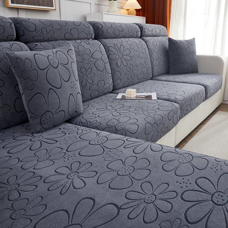 Vue latérale de la housse polaire grise sur un coussin de dossier