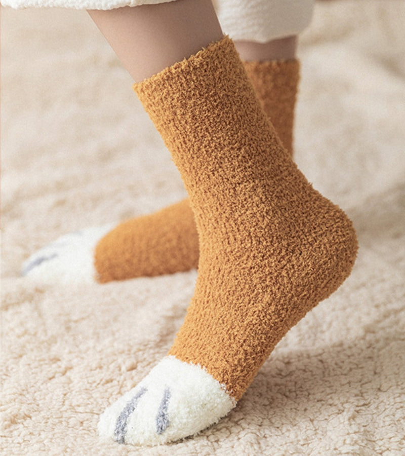 Chaussettes laine blanches et orange avec motif patte de chat