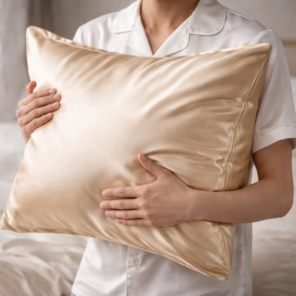 Homme dormant sur taie d'oreiller en soie beige