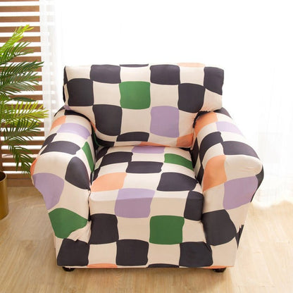 Housse extensible beige sur canapé, vue latérale