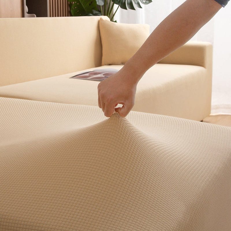 Gros plan sur texture jacquard beige, résistant aux liquides