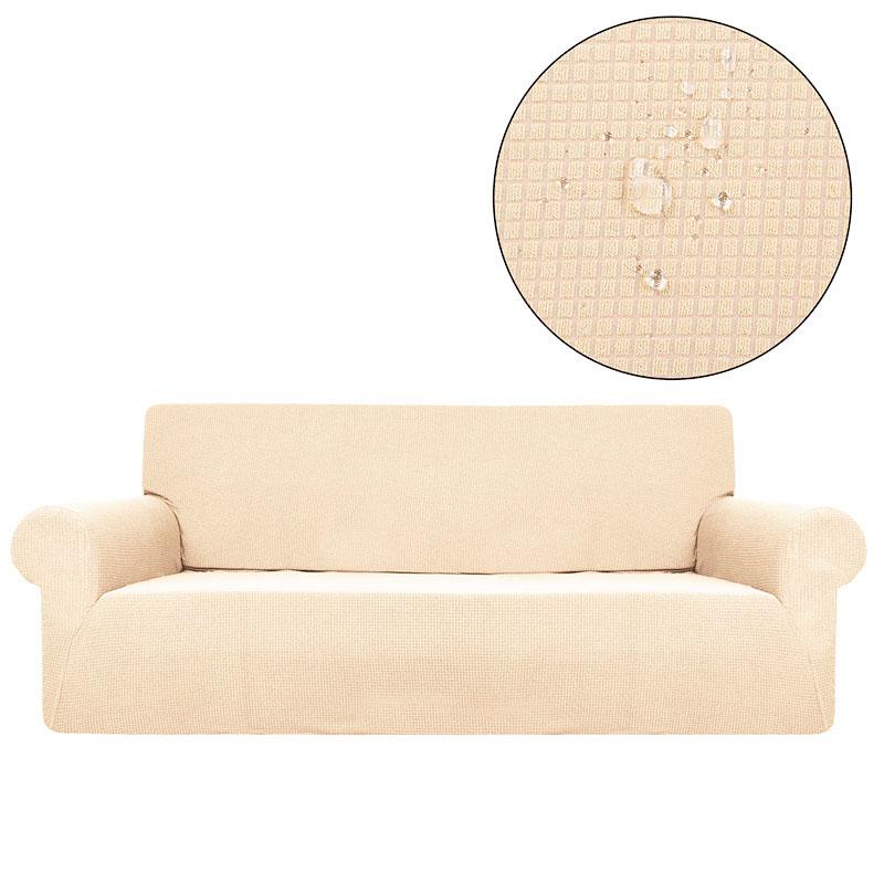 Installation facile de la housse beige sur un canapé