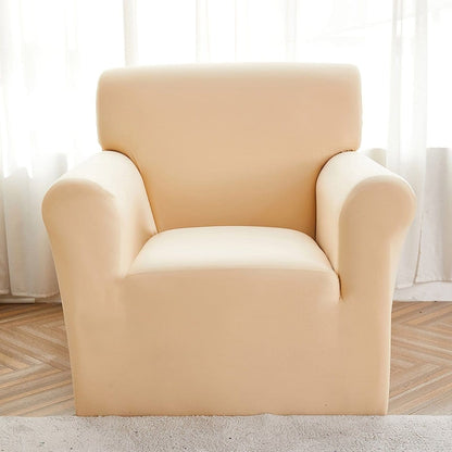 Housse beige couvrant un canapé panoramique