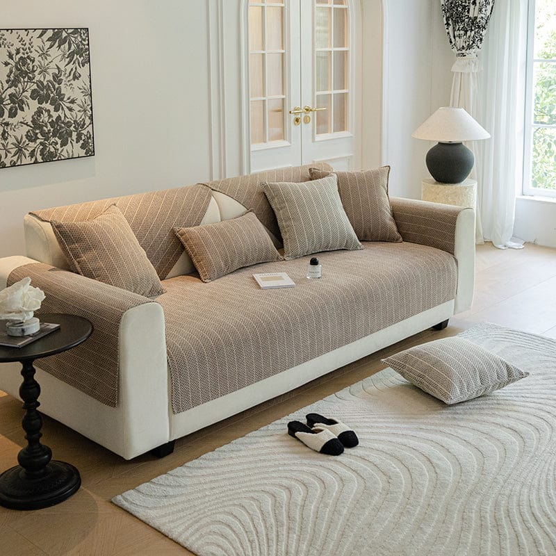 Housse de canapé beige en tissu chevron antidérapant