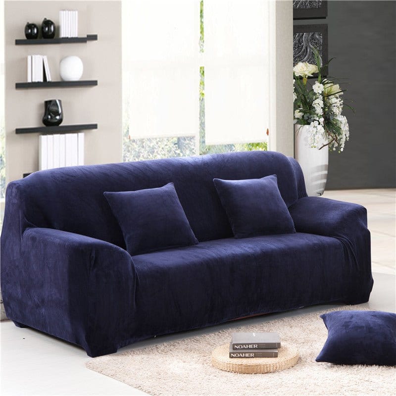 Housse de canapé bleu marine en velours extensible, vue de face