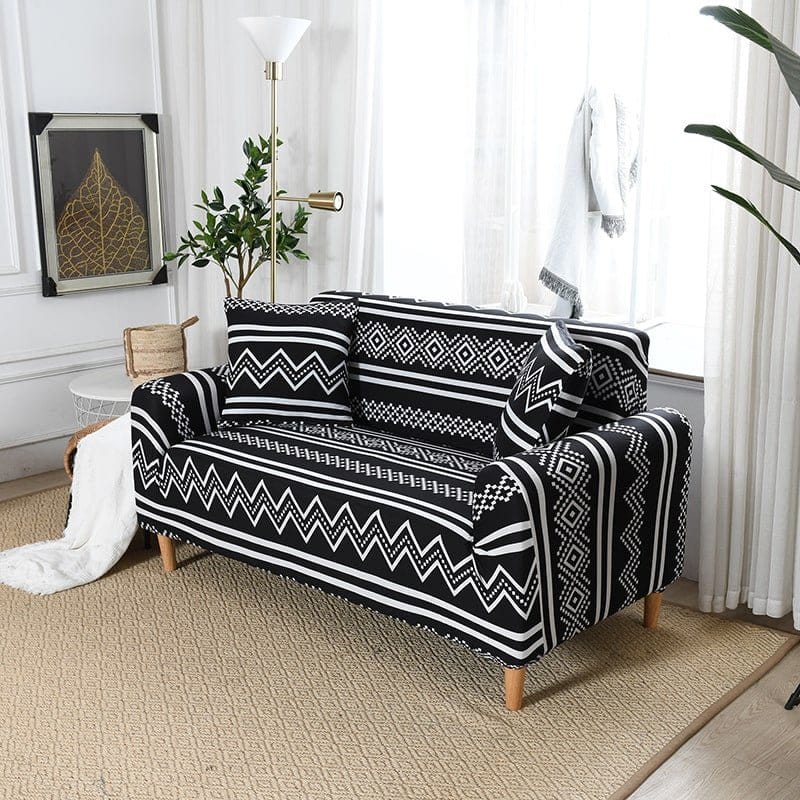Housse extensible ajustée sur un canapé d'angle, vue latérale