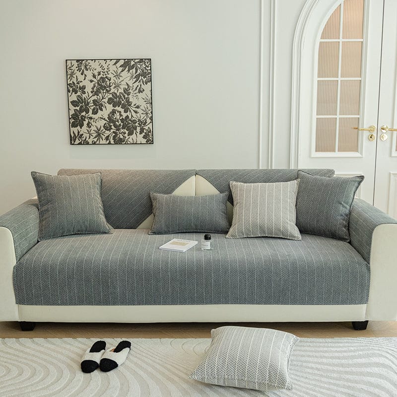 Détail du motif chevron tissé sur housse de canapé