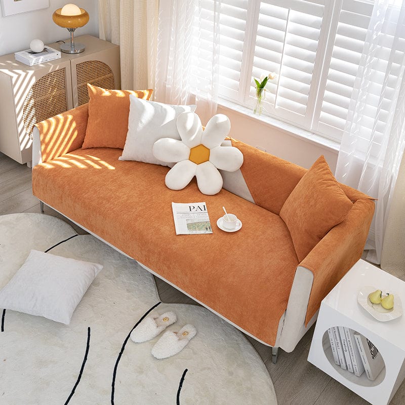 Gros plan sur la texture antidérapante de la housse orange