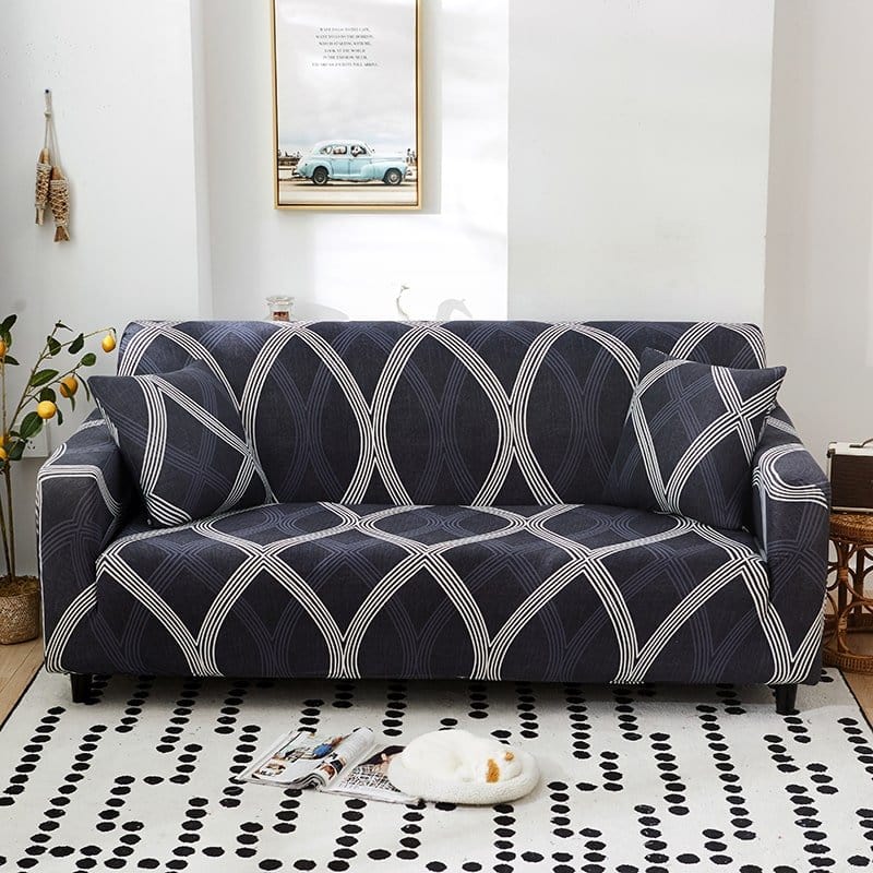 Housse extensible installée sur un canapé panoramique