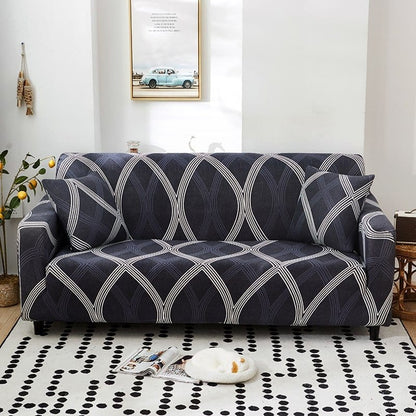 Housse extensible installée sur un canapé panoramique