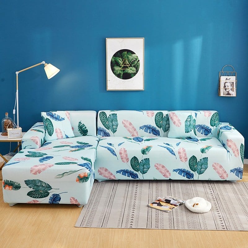 Housse de canapé extensible avec motif feuillage bleu