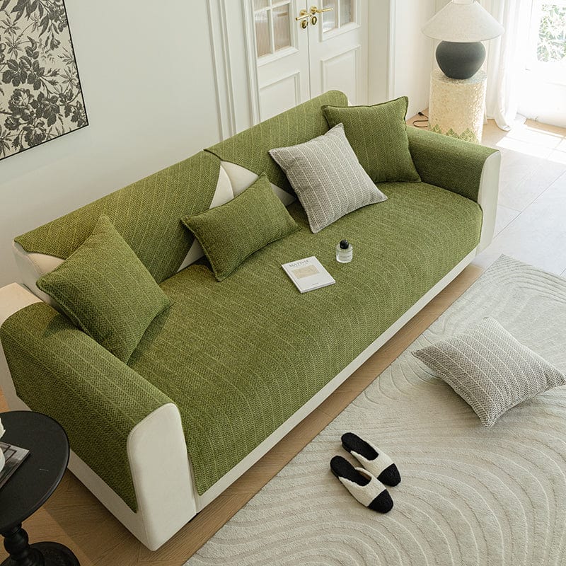 Housse de canapé verte avec motif chevron en tissu Herringbone
