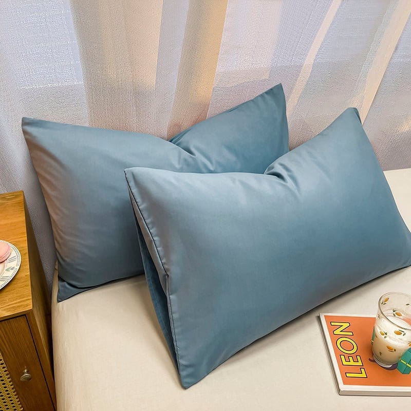 Deux housses de coussin bleu ciel sur fond blanc